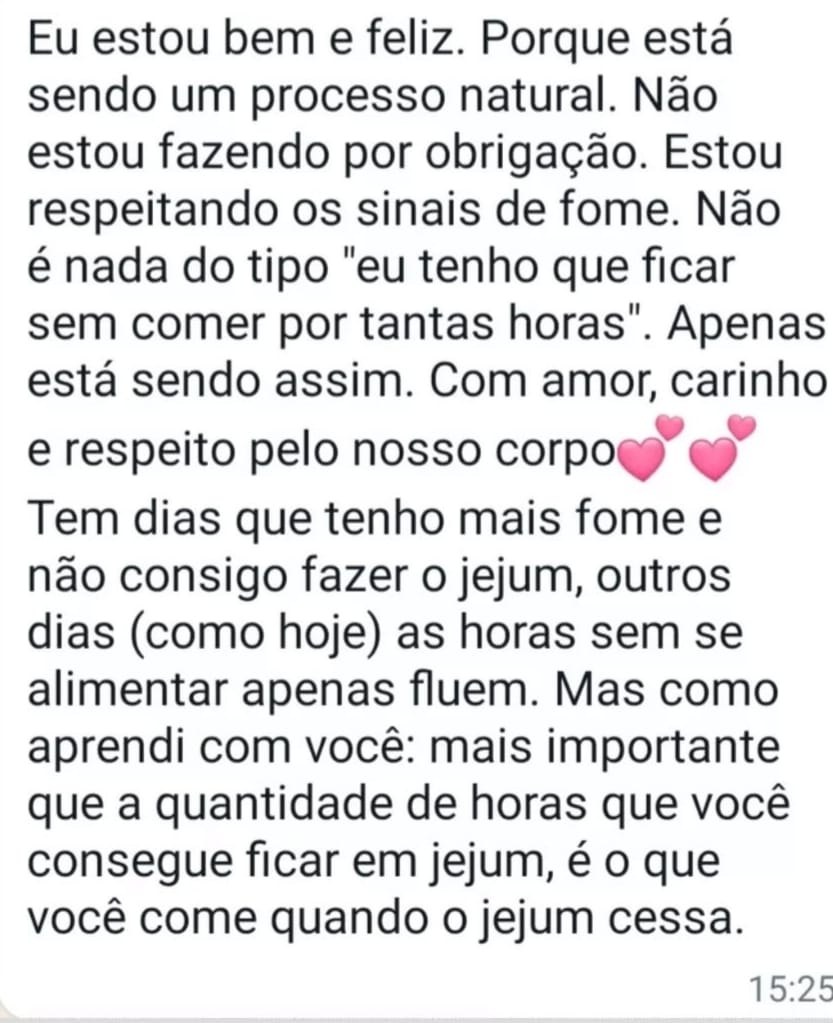Feedback de paciente sobre relação com a comida e rotina alimentar