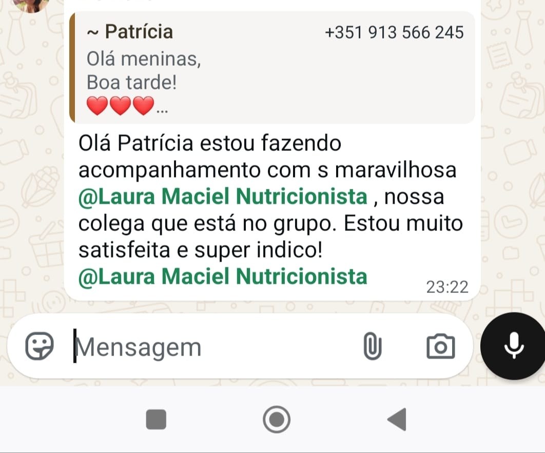 Feedback de paciente indicando Laura Maciel Nutricionista