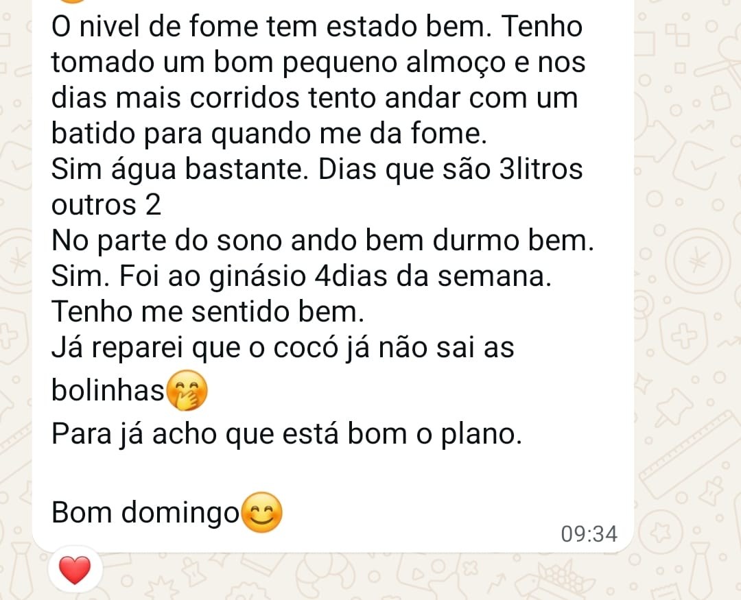 Feedback de paciente sobre fome, água, sono e evolução alimentar